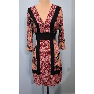 Bisou Bisou Ladies Sz S V Neck Tie Back Empire Waist Geometric Print Dress